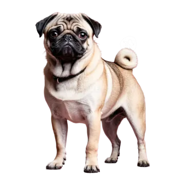 a small pug dog standing on a white background