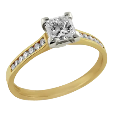 a yellow gold engagement ring with a princess cut diamond