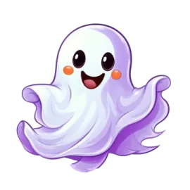 a purple ghost with a white face and orange eyes