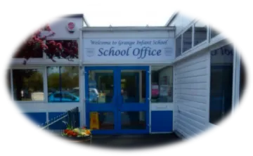 the front of a school building with a blue door