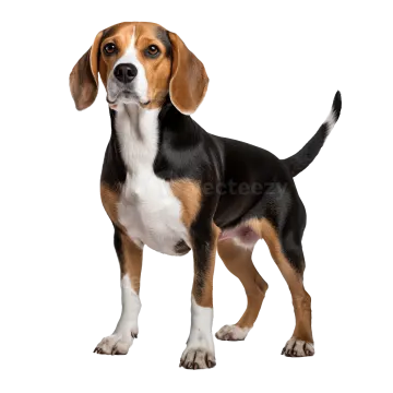 a brown and black dog standing on a white background
