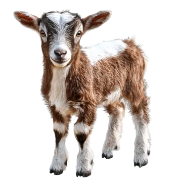 a baby goat standing on top of a white surface
