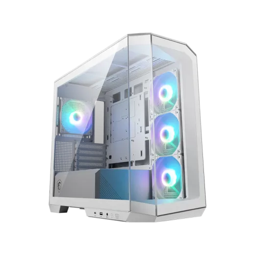 a white and blue computer case with two fans