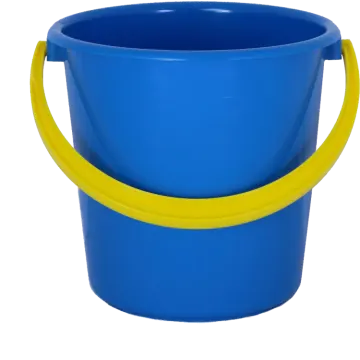 a blue plastic bucket with yellow handles