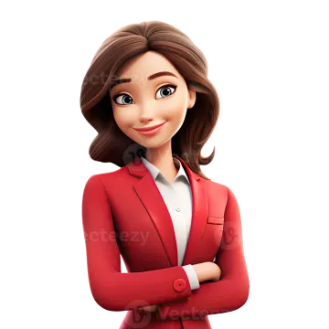 a woman in a red suit standing with her arms crossed