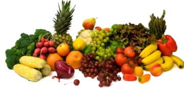 a pile of fruits and vegetables on a white background