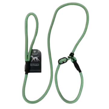 a green dog leash with a black handle
