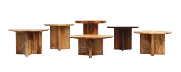 a set of three round tables with wooden bases