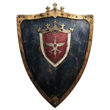 a black and red shield with gold accents