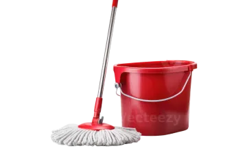 a red bucket and mop on a white background