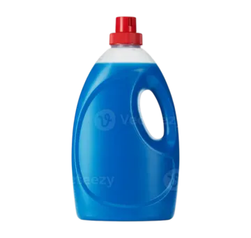 a blue plastic bottle with a red cap