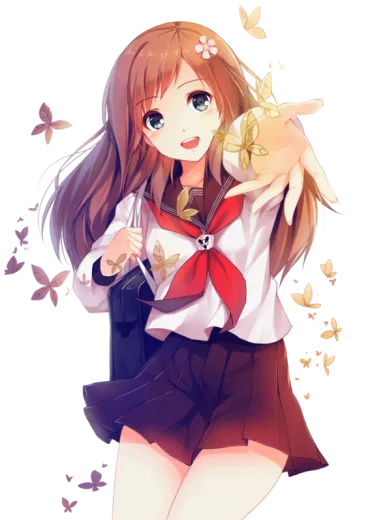 an anime girl with long brown hair and a red bow