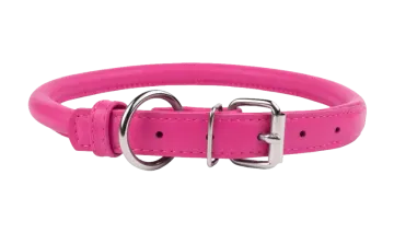 a pink leather dog collar with a silver buckle