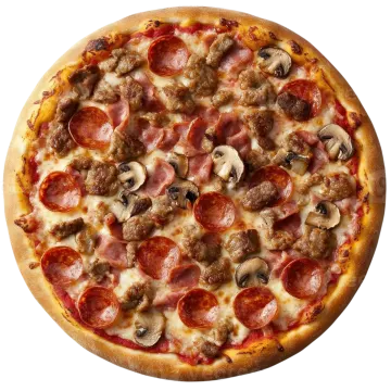 a pizza with meat, mushrooms and sausage on it