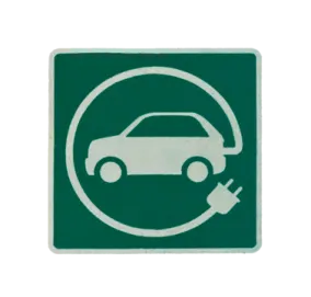 a green and white sign with a car on it