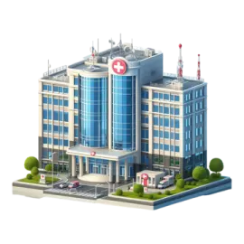 a hospital building with a red cross on the front