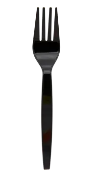a black plastic fork on a white background
