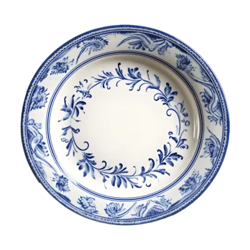 a blue and white plate on a white background