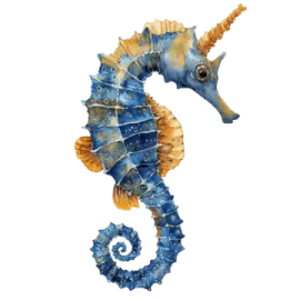 a blue and yellow seahorse on a white background