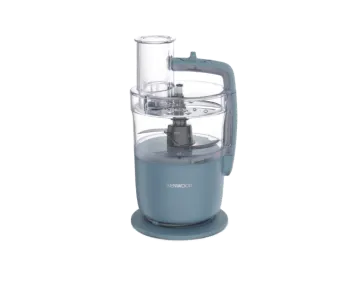 a blue food processor on a white background