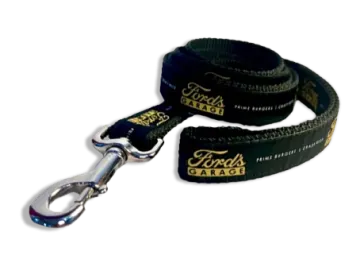 a black leash with gold lettering on it
