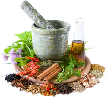 a mortar with herbs and spices