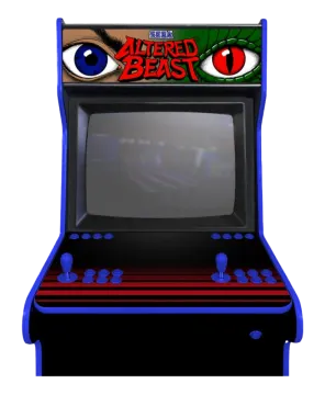 an old arcade machine with a red eye on it