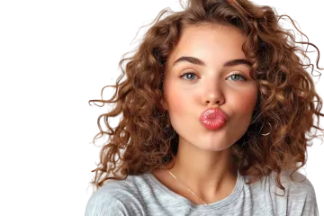 a woman with curly hair blowing her tongue