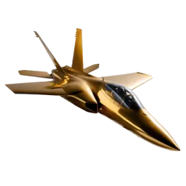 a gold fighter jet flying through the air