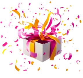 a white gift box with pink and orange ribbons