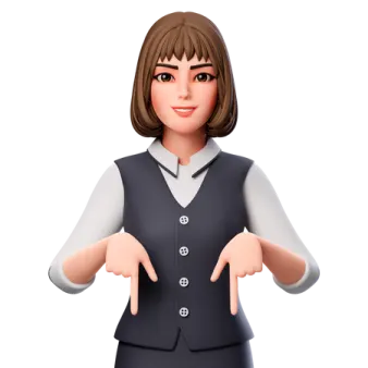 a woman in a business suit pointing at the camera