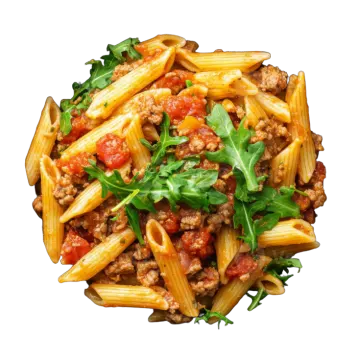 a bowl of pasta with meat and tomato sauce