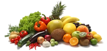 a pile of fruits and vegetables on a white background