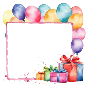 a watercolor birthday invitation with balloons and presents