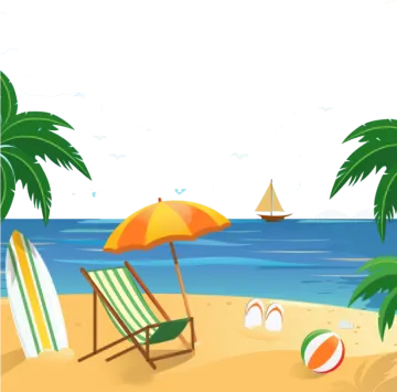 a beach scene with palm trees, chairs and umbrellas