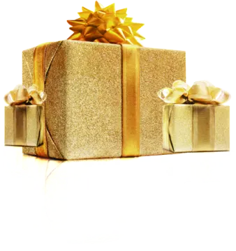 a gold gift box with a bow and ribbon