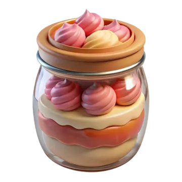 a jar filled with pink and yellow macs