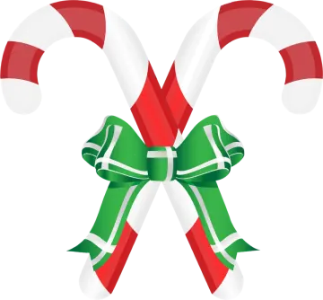 a pair of candy canes with green and red bows