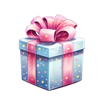a blue gift box with pink ribbon and stars