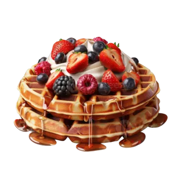 a stack of pancakes with syrup and berries on top