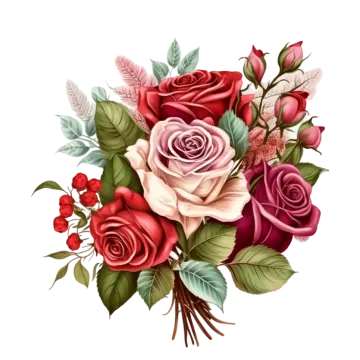 a bouquet of roses with leaves and berries