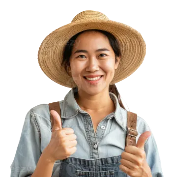 a woman wearing a straw hat and giving a thumbs