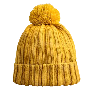 a yellow knit beanie hat with a pom