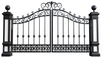 a black wrought fence with an ornate design