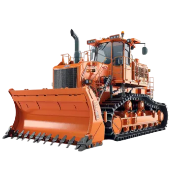 the front view of a large orange tractor