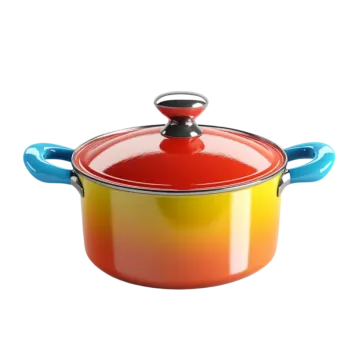 a red and yellow pot with a lid