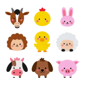 a set of farm animals and chickens