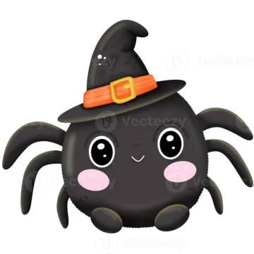 a black spider with a witch hat on its head