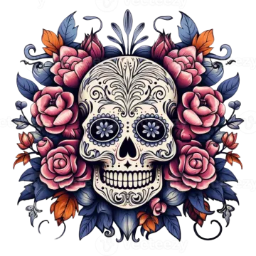 a sugar skull with roses and leaves