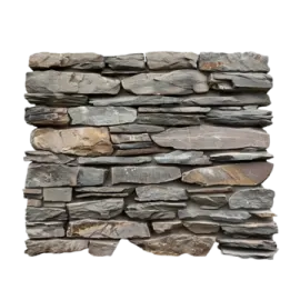 a close up view of a stacked stone wall